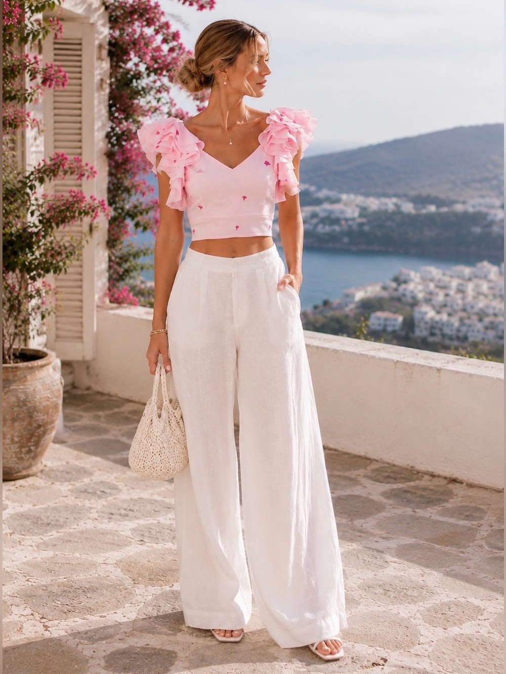NWT FANM MON Anais Linen Ruffle Embroidered Crop Top in Light pink Size S - Picture 3 of 16